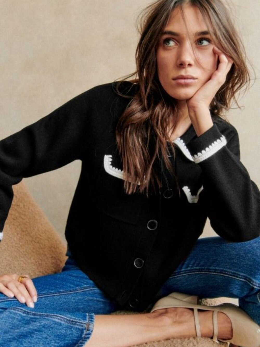 Sezane Betty Cardigan Black & Ecru Crochet Wool Size Large